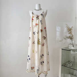 D5K仲夏晚风苎麻贝壳流苏海边度假风连衣裙宽松珠串吊带长