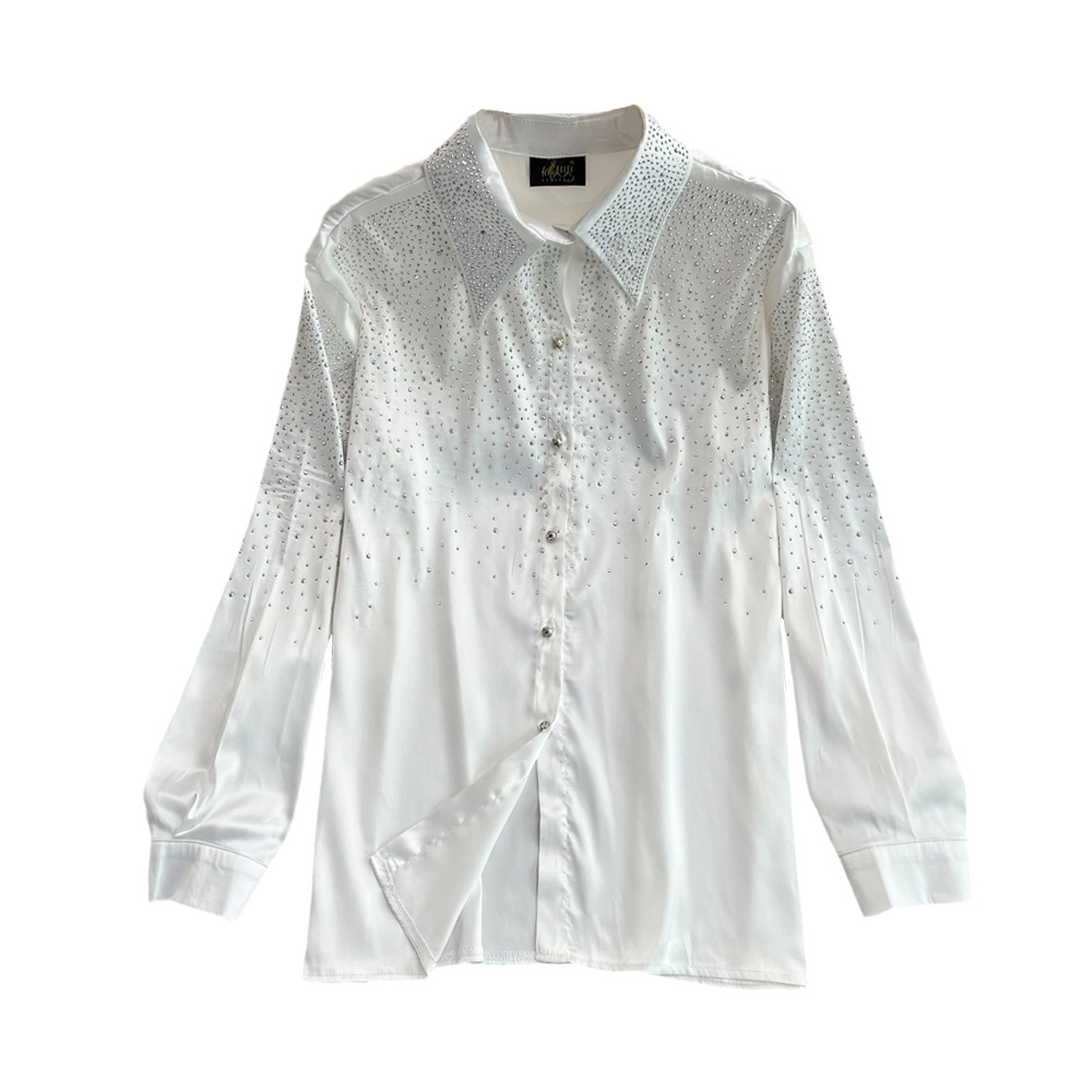 Effortlessly Chic 3D Rhinestone Blouse – Oversized Button-Down Shirt With Sparkle Detail For Women_voghion.com
