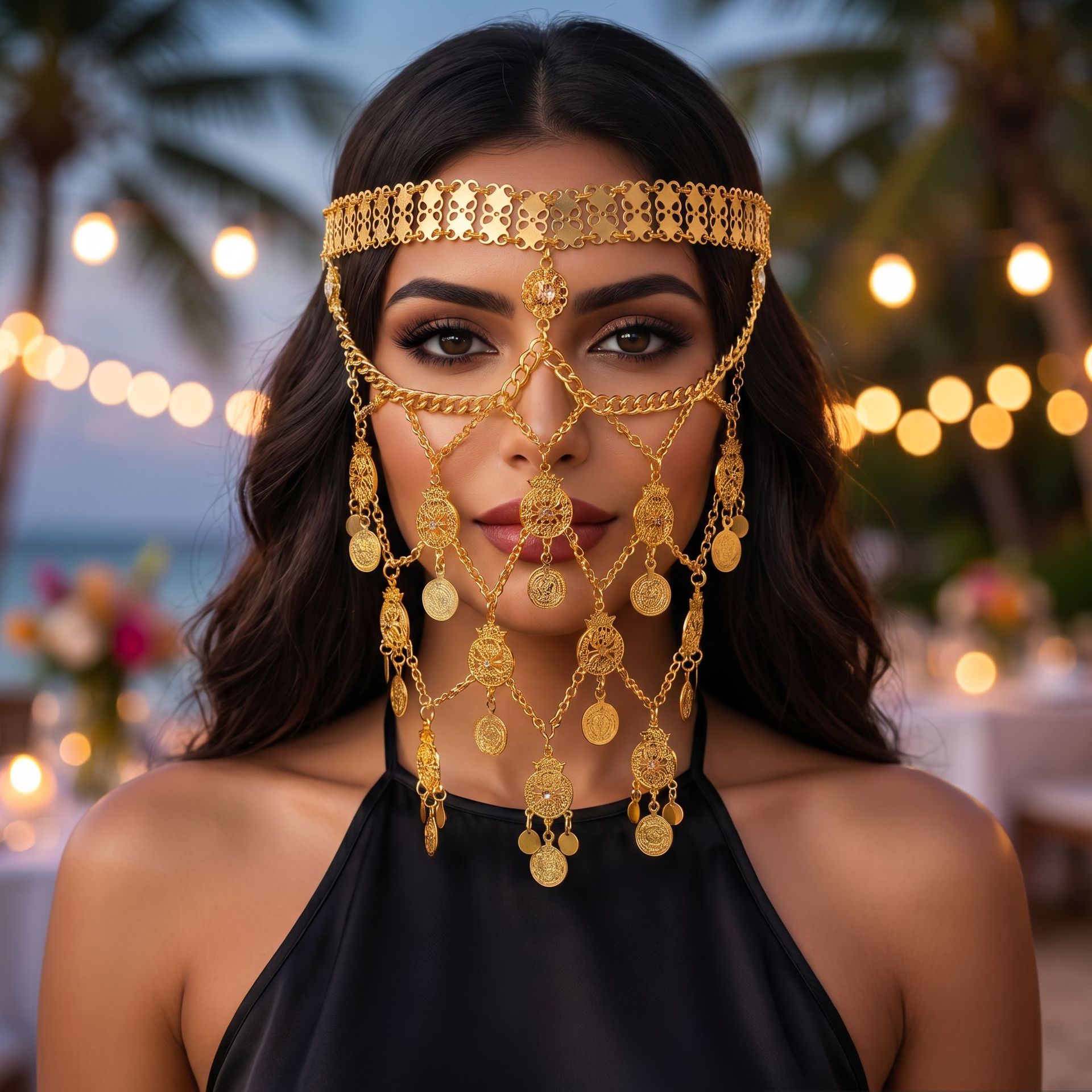 Arabian golden coin facepiece, multi-layered chain hollowed-out face mask head chain, desert travel photography performance accessory