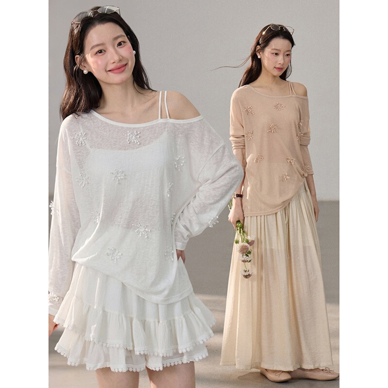 【Tess under the Moonlight】Geming Flower Off-Shoulder Blouse Summer Long-Sleeve T-Shirt Casual Top for Women Bn295 【Tess under the Moonlight】Geming Flower Off-Shoulder Blouse Summer Long-Sleeve T-Shirt Casual Top for Women Bn295
