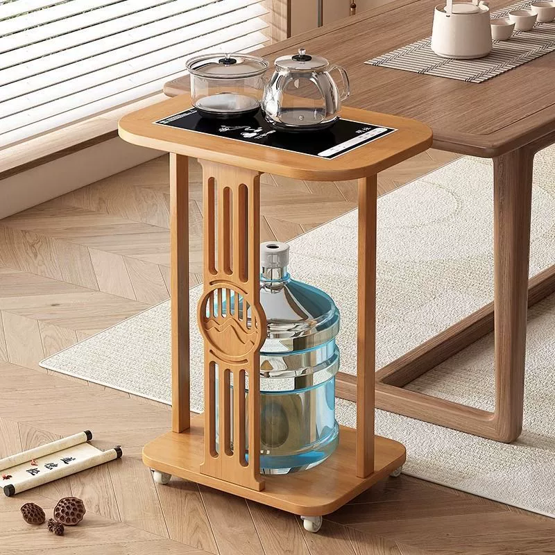 Мобильный чайный столик, чайный столик, небольшая чайная тележка из массива дерева для дома, журнальный столик для гостиной, приставной столик для дивана, поднос для чайного сервиза, встроенный чайник