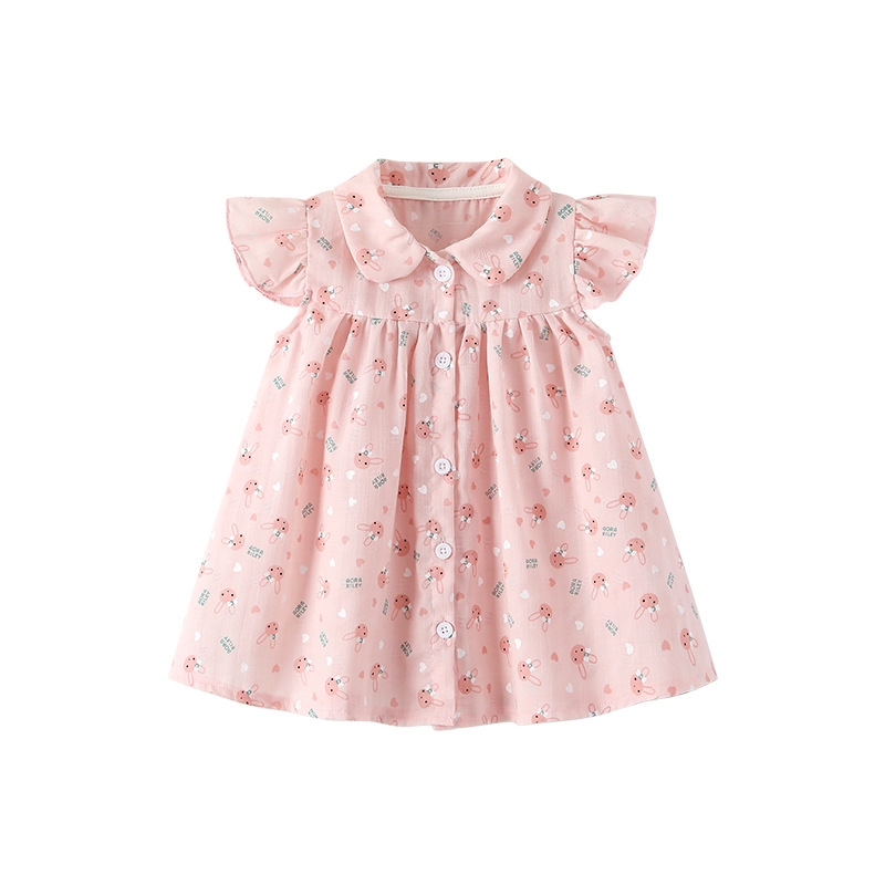 Girls' Dress 2026 Summer New Style Children's Princess Dress Shirt Pink Rabbit Floral Skirt for Young Children