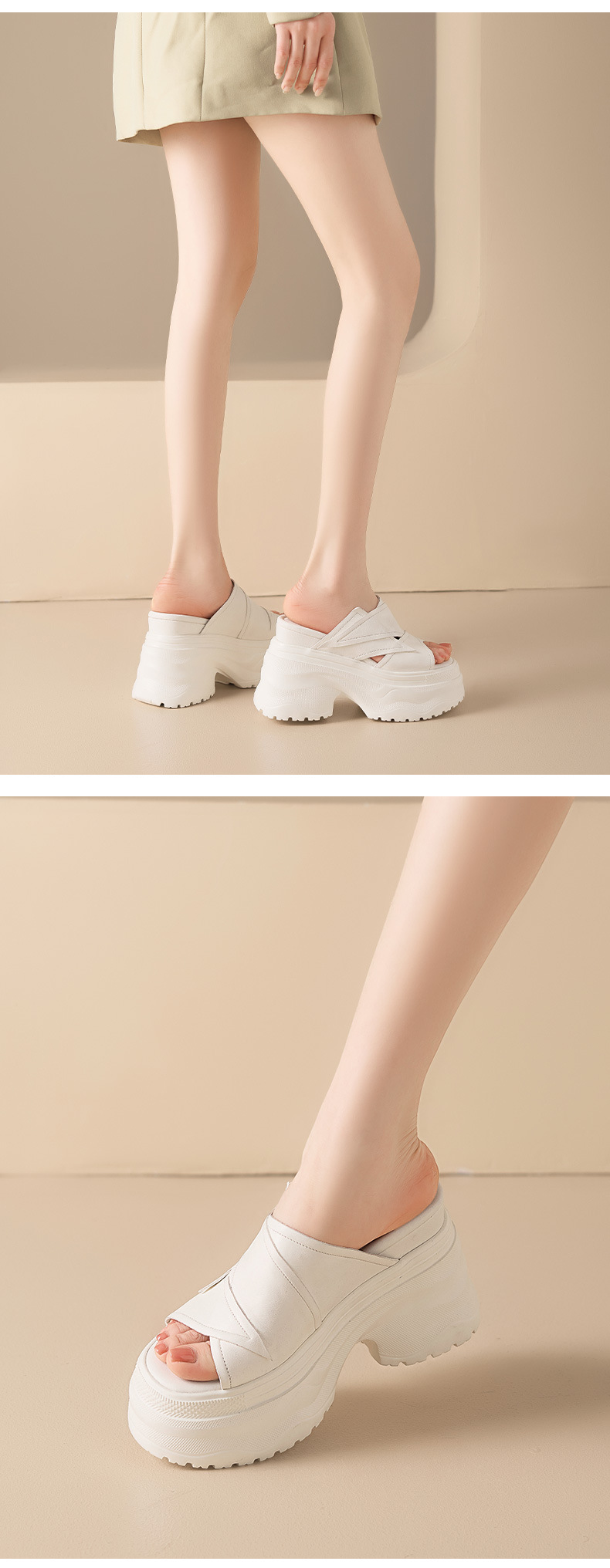 Dép sandal nữ quai ngang đế tăng 12 cm da bò mặt — màu đen, Trắng kem- chi tiết 9