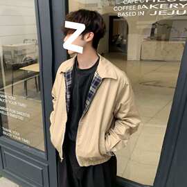 美式复古双面穿格纹哈灵顿夹克男春秋季宽松高级感格子短款外套潮