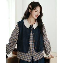 实拍 2025秋季文艺森系日系宽松牛仔马甲背心+娃娃领格子长袖衬衫