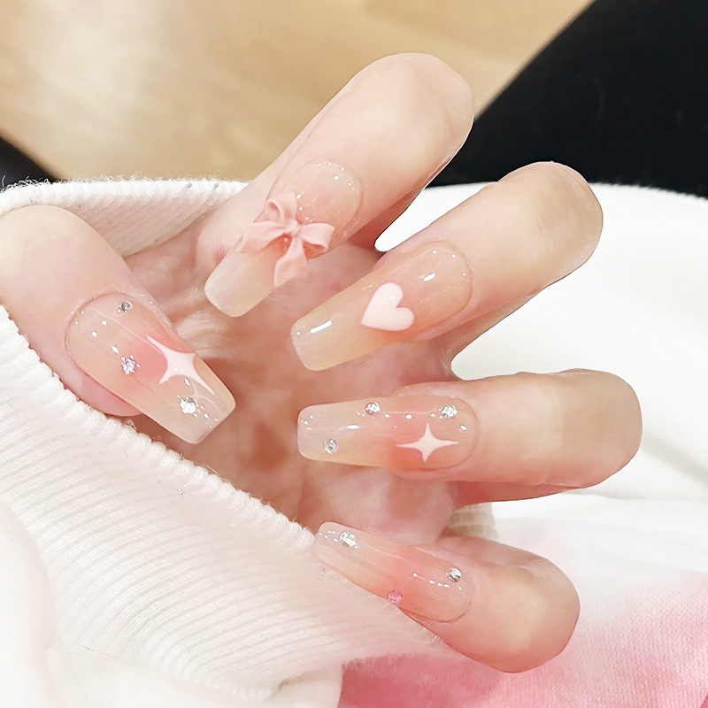 2026 New Style Nail Art Wearable Nails Ins-Style High-End Mid-Length Bowknot Fake Nail Stickers Finished Product Wholesale