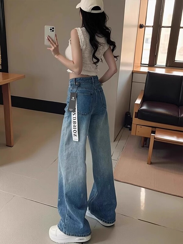 重工烫钻宽松显瘦阔腿直筒裤女秋季新款重工烫钻高级感牛仔裤蓝色|undefined