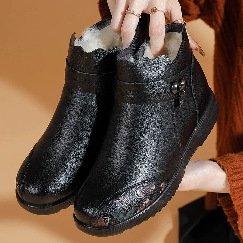Women’s winter leather ankle boots, first‑layer cowhide + microfiber, wool‑lined, non‑slip
