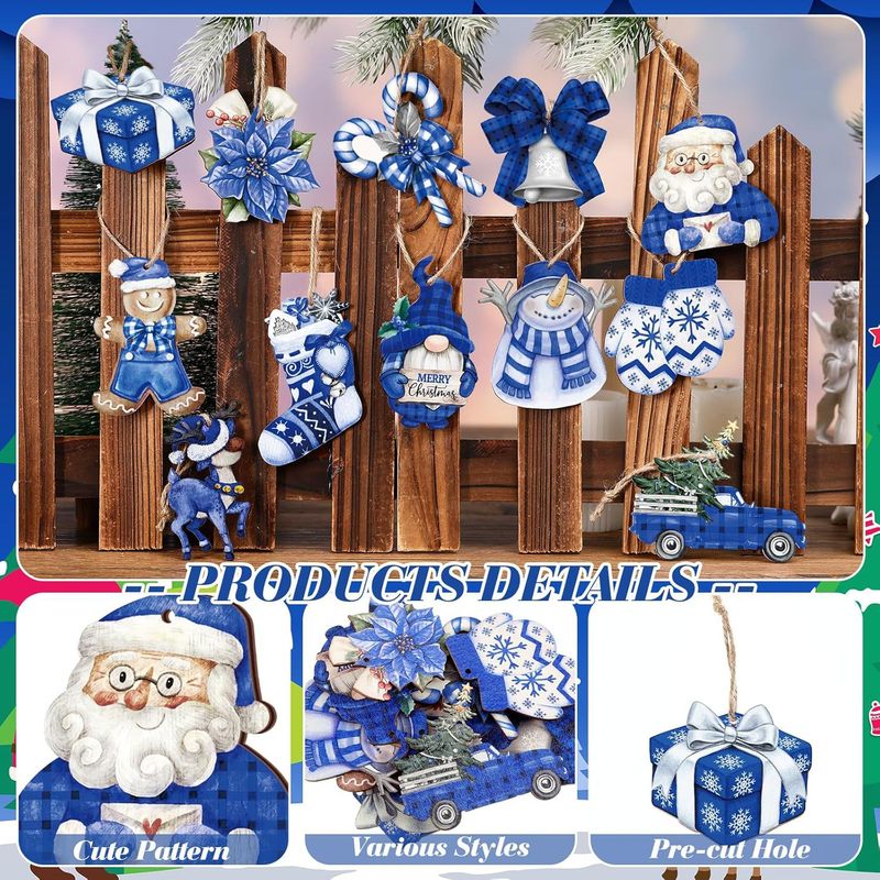 クリスマス木製装飾品ブルーレッドクリスマス装飾クリスマスレトロハンギングクラフトパーティー用品|undefined