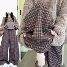 咖色慵懒风韩系刺绣格子裤女秋冬季2025新款松弛感高腰宽松休闲裤