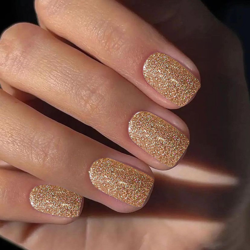 Explosive Short Square Wearable Nails Golden Glitter Fake Nails European and American Ins Style Cross-Border Manicure Nails Wholesale