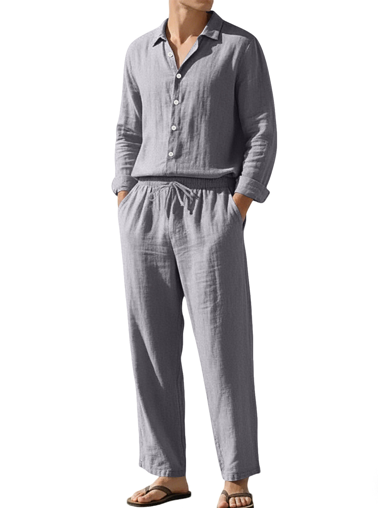 Estación independiente transfronteriza Europa y América cuatro estaciones lino transpirable ocio playa suelta protección solar camisa de mangas largas pantalones largos set hombre