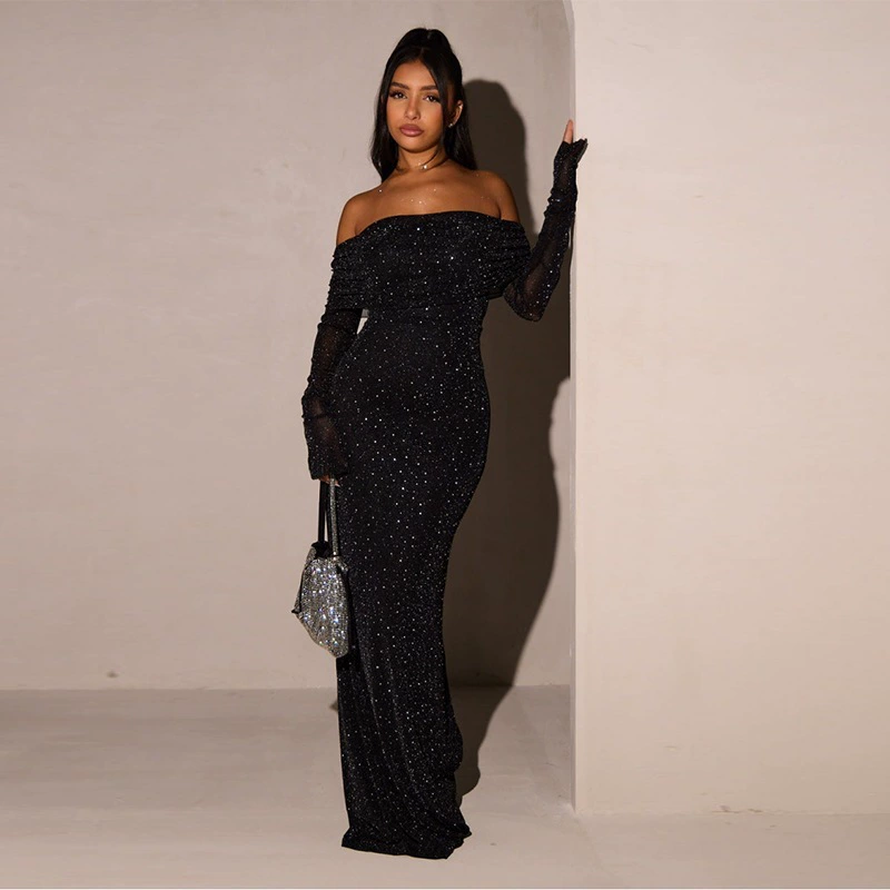 Новое сексуальное длинное платье осень 2025, европейский и американский стиль, облегающее, с пайетками, на одно плечо, для женщин