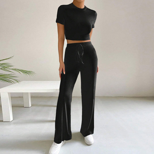 Cross-border 2024 new European and American clothing Amazon truncated slim knitted short-sleeved high-waisted wide-leg trousers two-piece set