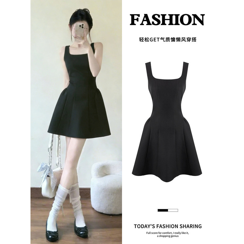 Black Sleeveless Spaghetti Strap Dress for Women, Summer Mini Dress, A-Line Short Skirt, Early Summer Korean Style Outfit with a High-End Feel Black Sleeveless Spaghetti Strap Dress for Women, Summer Mini Dress, A-Line Short Skirt, Early Summer Korean Style Outfit with a High-End Feel