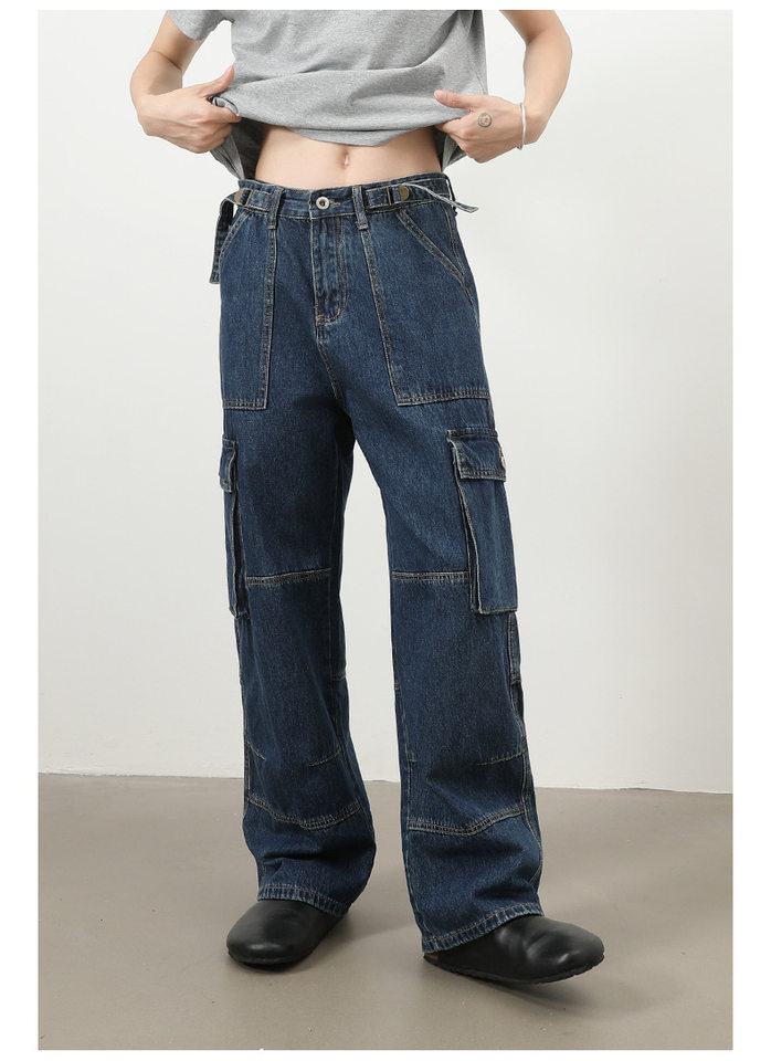 Quần jeans nam ống rộng thẳng phong cách đường phố, nhiều túi, lưng giữa eo — màu xanh đậm chi tiết 8
