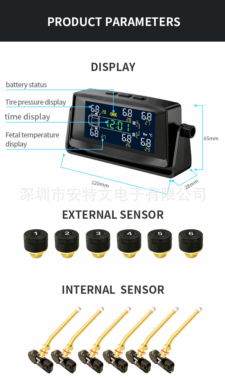 6-Wheel Truck, Light Truck, Heavy Truck, Rv Wireless Tire Pressure Monitor, Solar Tire Pressure and Temperature Display Tpms
