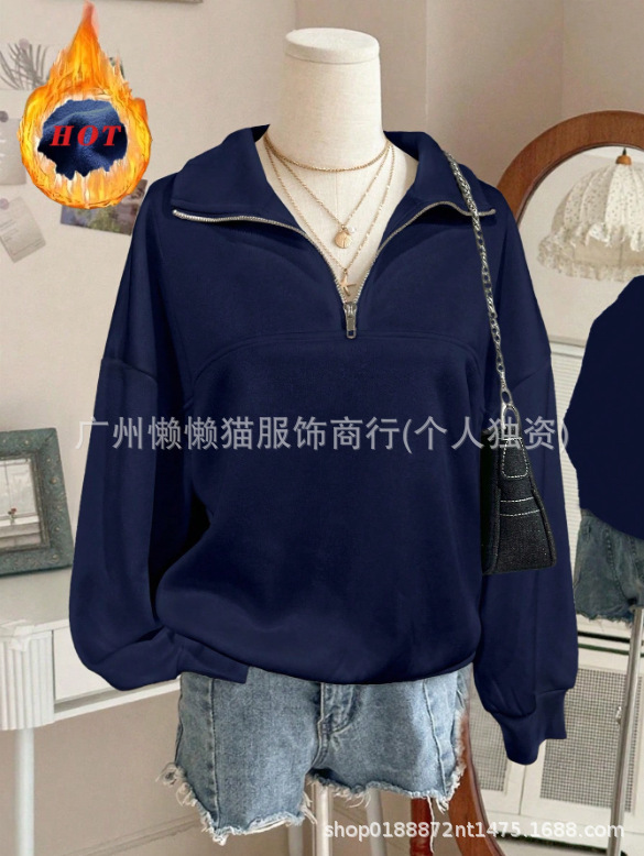 欧美跨境SHEIN2025秋冬新款返校时尚休闲长袖外套V领半拉链宽松卫|undefined