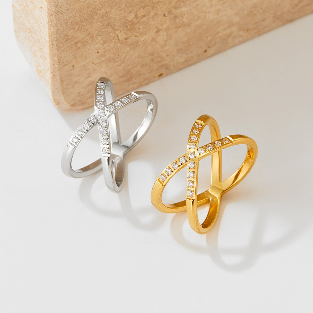 PVD Coated Gold Plating Process Real Gold Plated Plating Material Wholesale Jewelry Fashion Solid Color 304 Stainless Steel Rhinestones 16K Gold Plated White Gold Plated Gold Plated Criss Cross Stainless Steel Rings