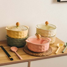 日式陶瓷双耳泡面碗带盖可爱学生宿舍饭碗方便面碗汤碗家用带勺子