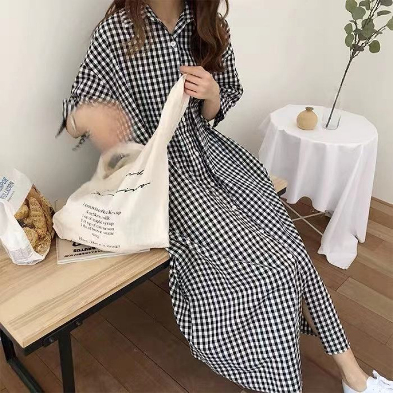 Korean Style Plaid Shirt Dress for Women 2026 Spring and Summer Short-Sleeved Cotton and Linen Extra-Long Over-The-Knee Loose-Fitting Stylish Shirt