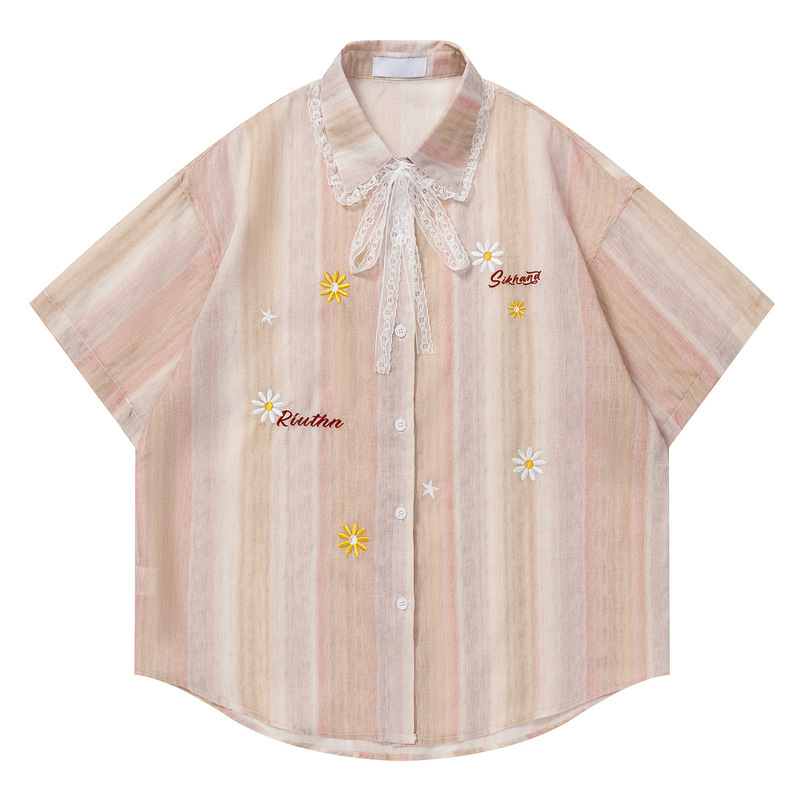 Men's Clothing Japanese Retro Gradient Floral Embroidery Lace Short-Sleeve Shirt Women 2026 Loose Lazy Style Shirt Men's Clothing Japanese Retro Gradient Floral Embroidery Lace Short-Sleeve Shirt Women 2026 Loose Lazy Style Shirt