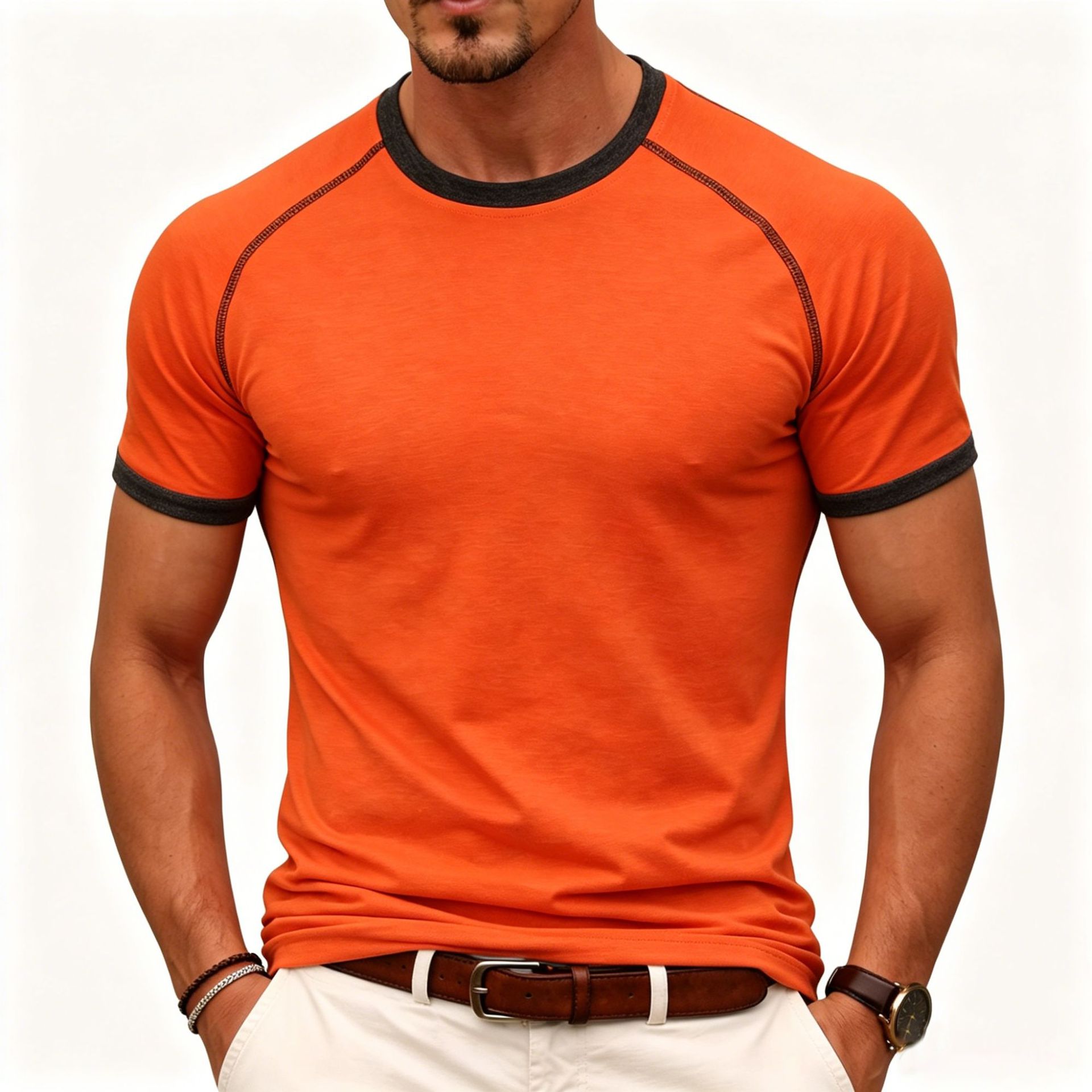 Camisetas de manga corta para hombres de Código Europeo transfronterizo entrenamiento de fitness deportivo de algodón humano línea clara contra el color camisetas masculinas vendidas rápidamente image 5
