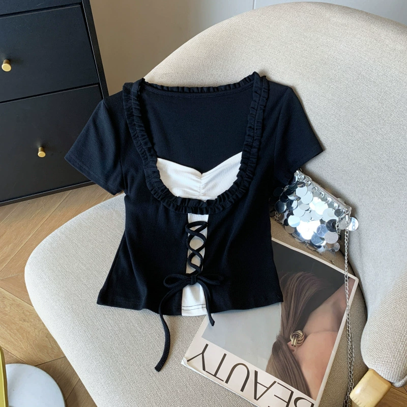 Чистая и милая кружевная короткая футболка для милых девушек, женский топ в стиле чистой страсти на шнуровке, открывающий грудь, с квадратным вырезом