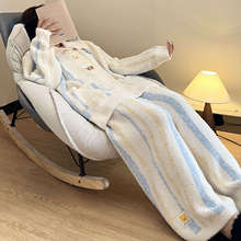 甜美条纹针织半边绒睡衣女2025秋冬季新款加厚大码长袖长裤家居服