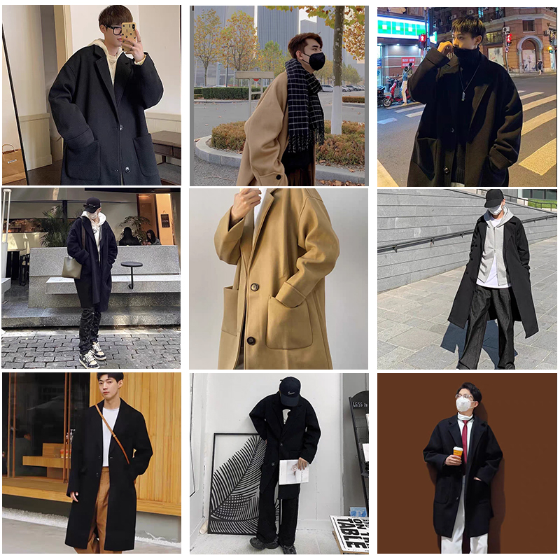 Otoño e invierno Nuevo abrigo de lana de los hombres de moda suelta de media longitud gabardina coreana casual de color caqui abrigo de lana de moda
