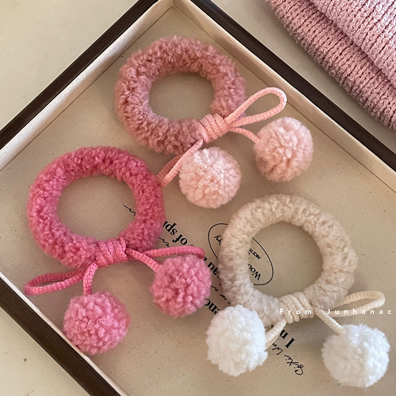 Lamb Wool Pom-Pom Cherry Hair Tie Cute Girl Ponytail Elastic Band Children's Hair Accessory Headband Lamb Wool Hair Ring