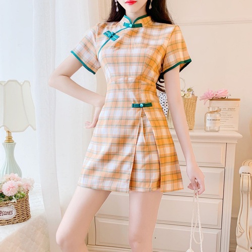 Chinese Dresses Qipao for women vintage improved cheongsam grid jacket dress shorts two suits