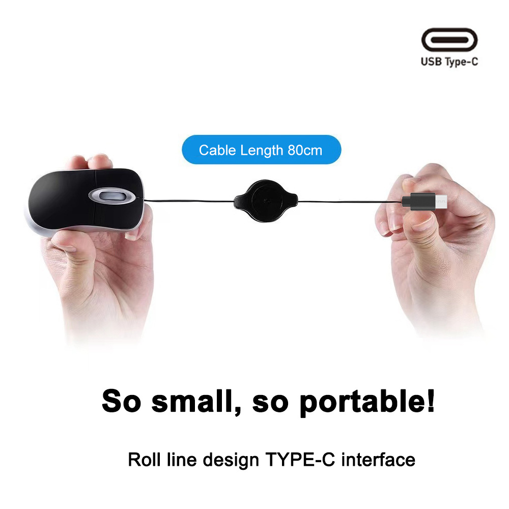 Usbc Wired Mouse Is Small with Retractable Cable, Suitable for Travel, Children's Gifts, Cable Batch, Portable Mouse