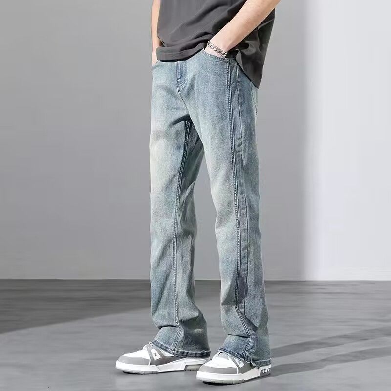 Huangni High Street American Men's Jeans Otoño Nuevo estilo Retro Lavado Micro-Vibe Pantalones largos rectos