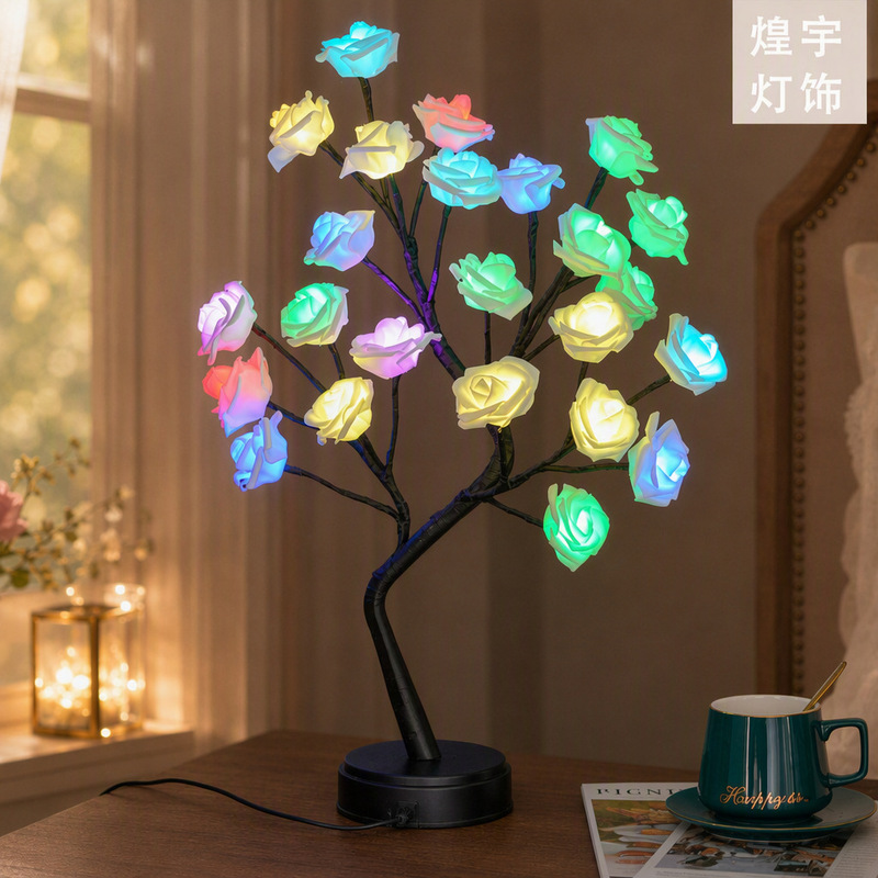 Cross-border artificial rose tree lamp with detachable plastic base, USB switch, decorative night light fixture Cross-border artificial rose tree lamp with detachable plastic base, USB switch, decorative night light fixture