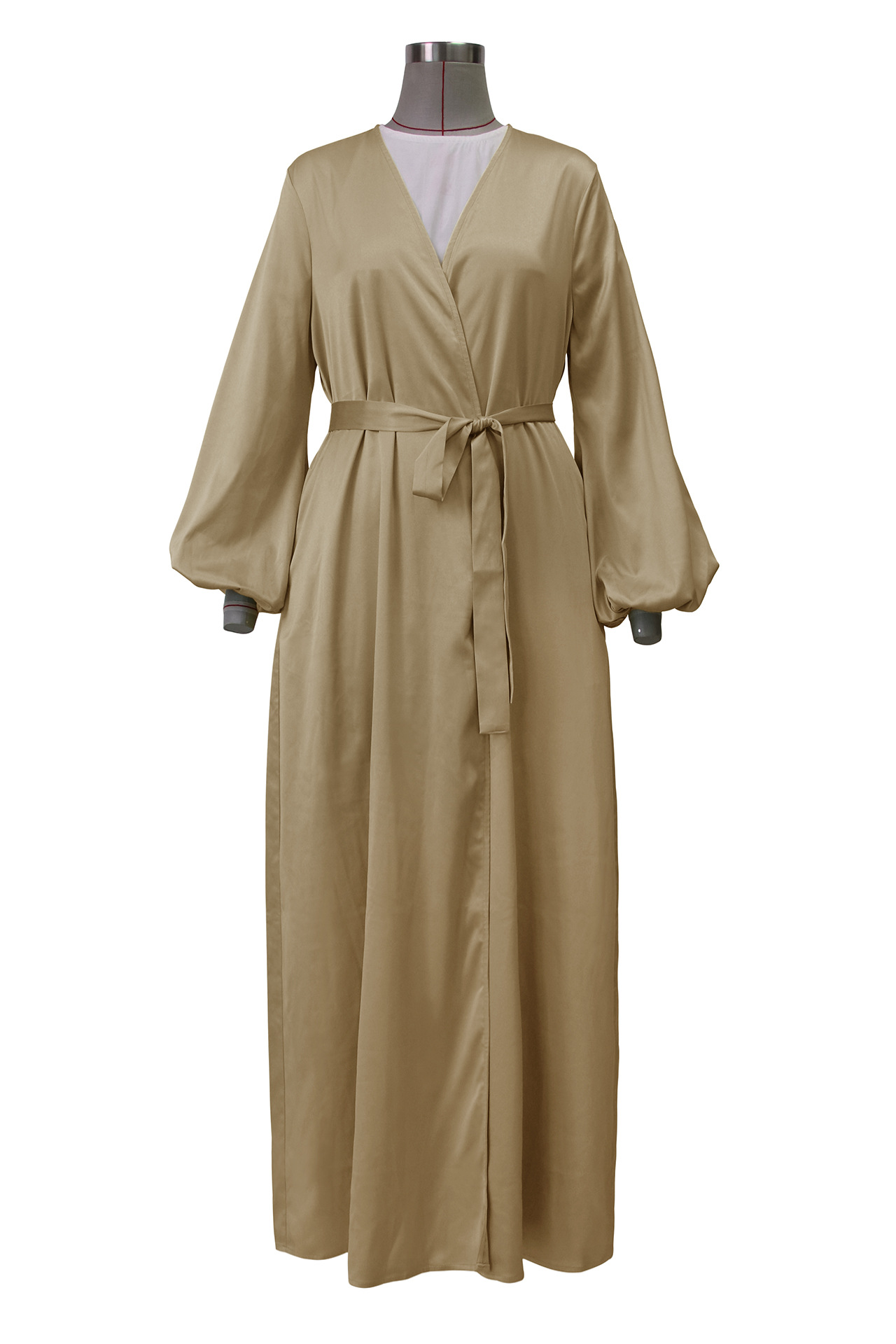 Les Femmes Musulmanes Transfrontalières Portent Satin Puff Sleeve Robe Moyen-orient Dubaï Cardigan Élégant Intérieur Longue Jupe Swing Contenant La Ceinture display picture 3