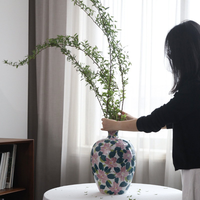 青と白の磁器の花瓶、新しい中国風のデスクトップ装飾品、美しいリビングルームのドライフラワー、水耕栽培可能なハイエンドのアートスタイル|undefined