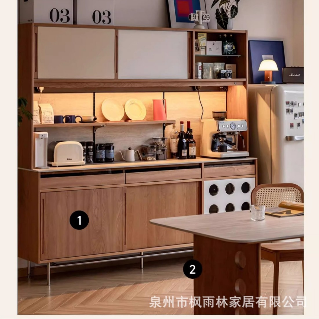 Solid Wood Sideboard Retro Wall-Mounted High Cabinet Nordic Japanese Style Travertine Slate Wine Cabinet Kitchen Storage Storage Cabinet