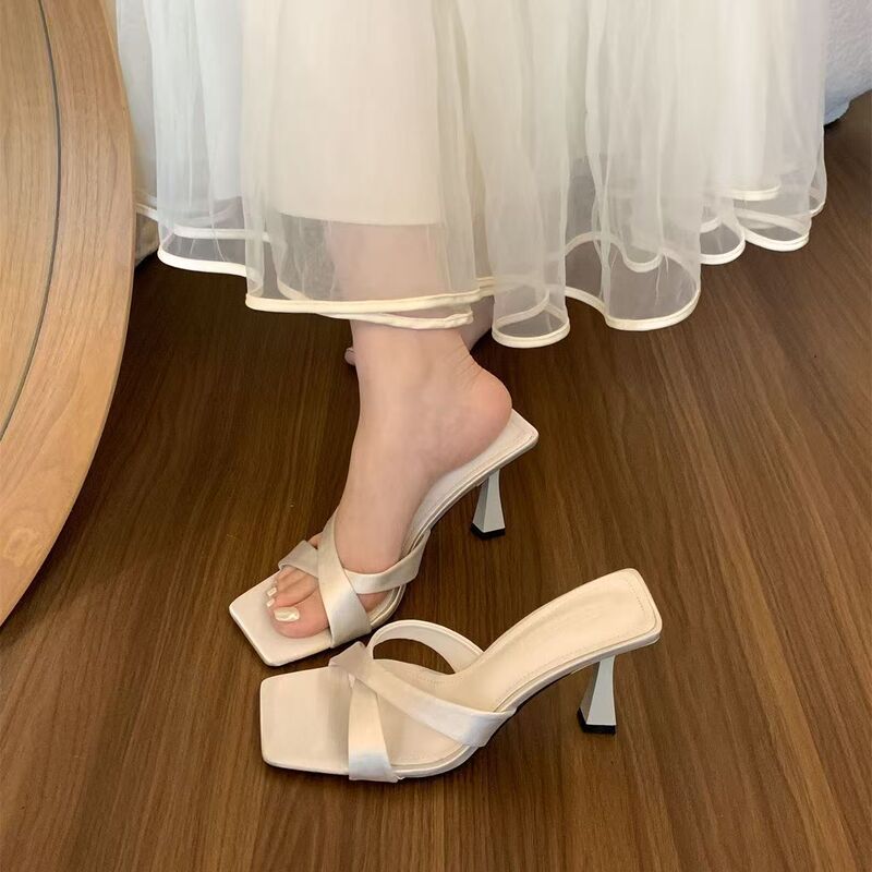 Fashion Square Toe Cross Open Toe Stiletto High Heel Sandals for Women 2025 Summer New Style with Skirt Sandals for Women to Wear Outside