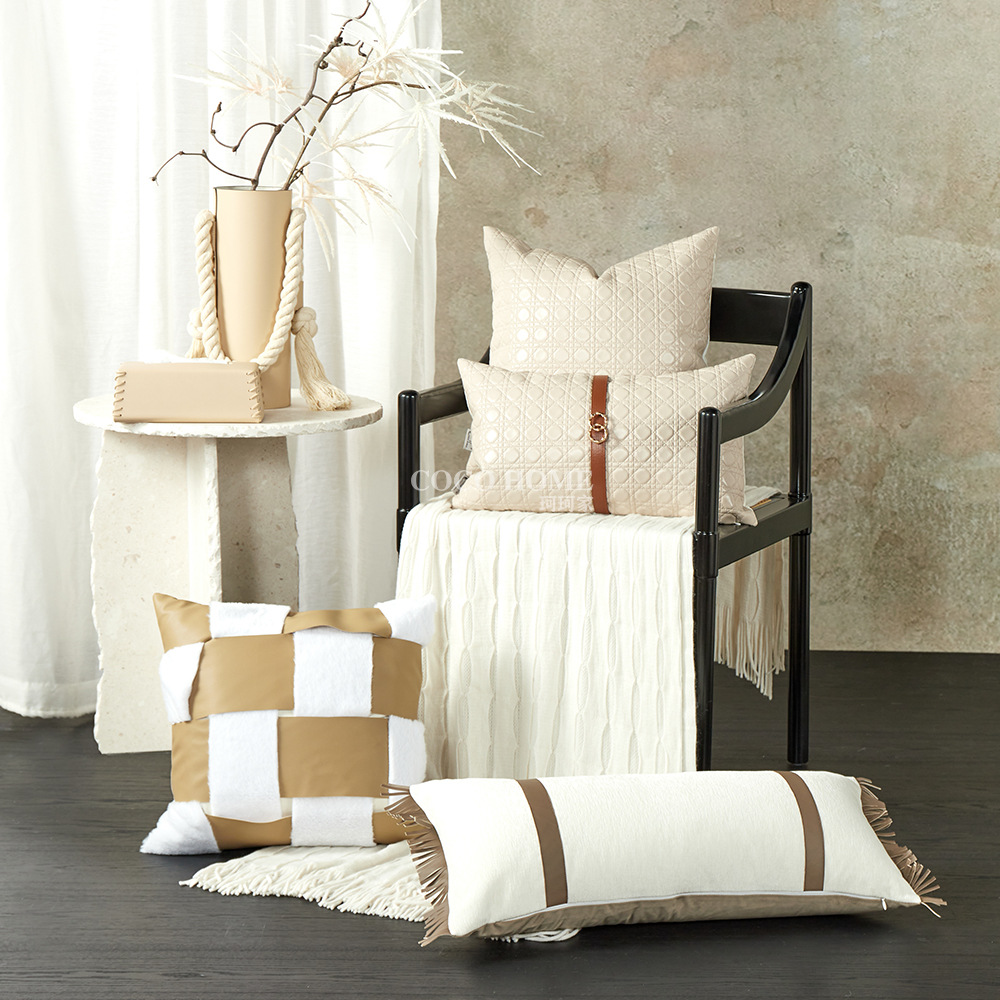 Modern Light Luxury Beige Living Room Sofa Pillow Soft Decoration Model Room Hotel Leather Pillow Long Waist Pillow Handmade Cushion