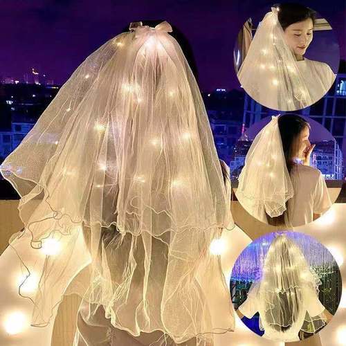 LED Glowing Veil for Influencers, Double Layer LED Fairy Bow Headpiece, Hot Selling Wholesale for Night Market 