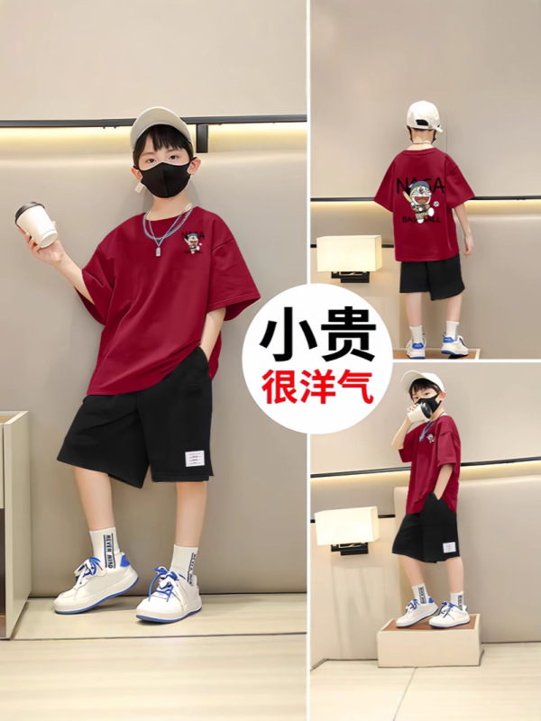 男の子純綿半袖ショーツスーツ2025新作中大型子供用多用途夏服ハンサムスポーツ2点セット|undefined