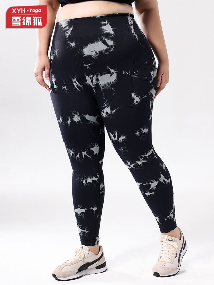 Europa y los Estados Unidos de tamaño grande con bolsillo atado, teñido, pantalones de calzada de cintura alta, leggings deportivas, pantalones de compresión para correr