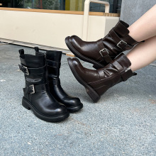 真皮复古马丁靴女2025冬季新款英伦风一字扣带瘦瘦靴百搭骑士靴子