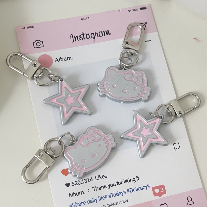 Sweet cool silver kt cat key chain five-pointed star cute girl heart bag pendant couple girlfriends gift accessories