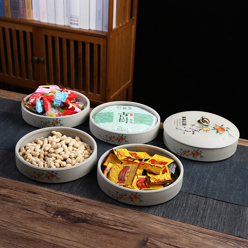 Rough Pot Pu-erh Tea Cake Storage Can, Ceramic Multi-layer Stacking Dry Fruit Tray, Zisha Retro Tea Can Wholesale and Distribution