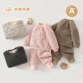 25婴幼儿秋冬季新款保暖套装男女宝宝夹棉提花卫衣卫裤两件套加厚