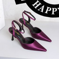 8381-A3 European and American style sexy nightclub hollowed out thin heel women's shoes with pointed shallow mouth, high-end satin back and empty straight ribbon