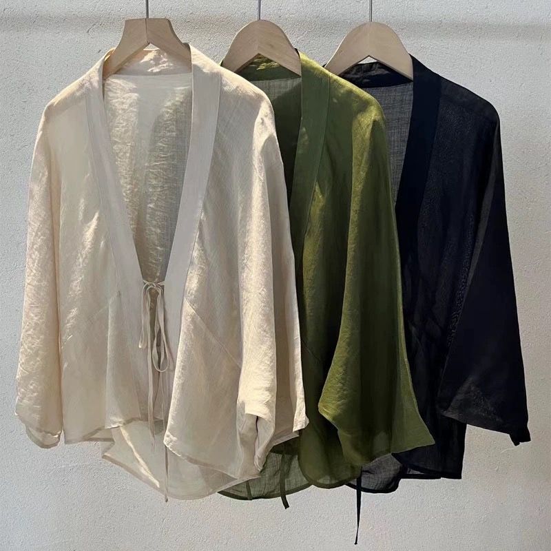 Summer Cotton and Linen Cardigan Jacket Lace-Up Solid Color Original Light Shawl Air-Conditioning Shirt Women's Sun Protection Shirt Summer Cotton and Linen Cardigan Jacket Lace-Up Solid Color Original Light Shawl Air-Conditioning Shirt Women's Sun Protection Shirt