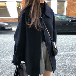 Korean Chic Retro French Style Versatile Lapel Single-Breasted Loose Mid-Length Woolen Jacket 2 Colors